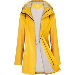 Women Yellow Fleece Long Hooded Waterproof Rain Windbreaker Trench Coat Outdoor